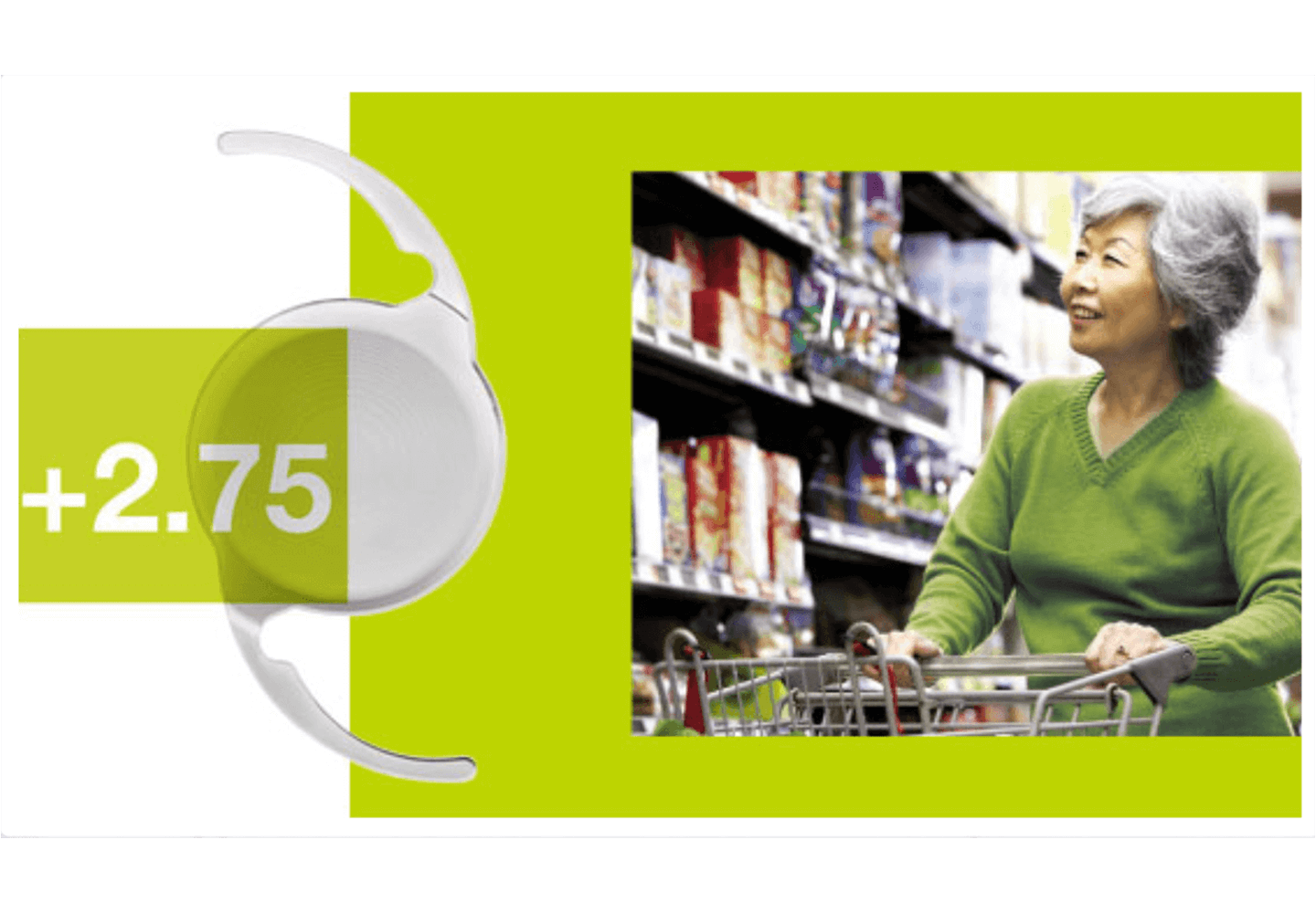 Dame faisant l'épicerie grâce à la lentille intraoculaire multifocale Technis d'addition +2.25