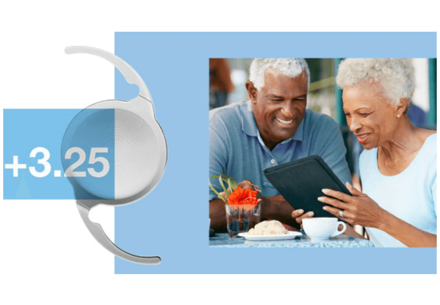 Couple regardant une tablette grâce à la lentille intraoculaire multifocale Technis d'addition +3.25