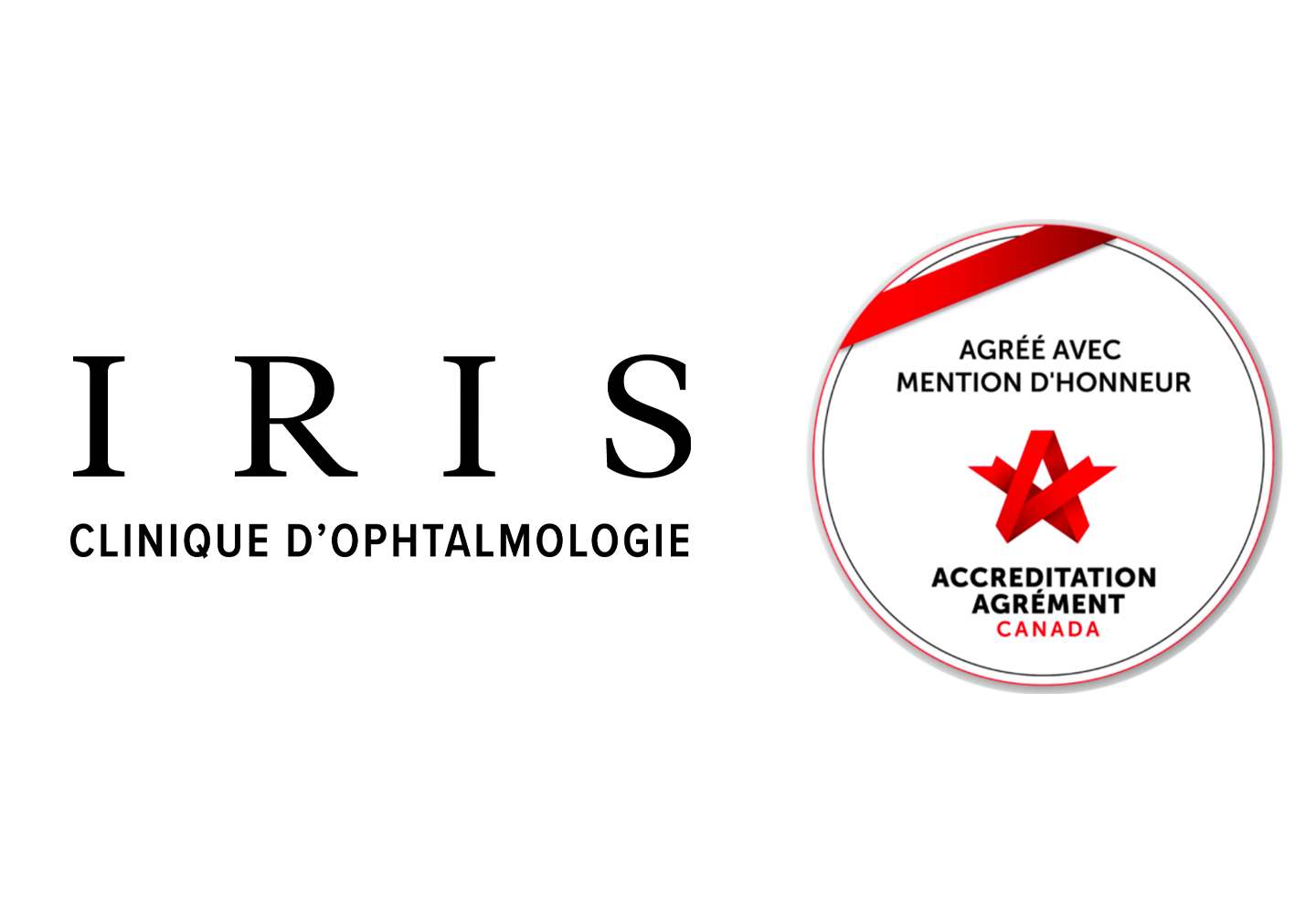Logo de la Clinique d'Ophtalmologie à côté du sceau d'Agrément Canada
